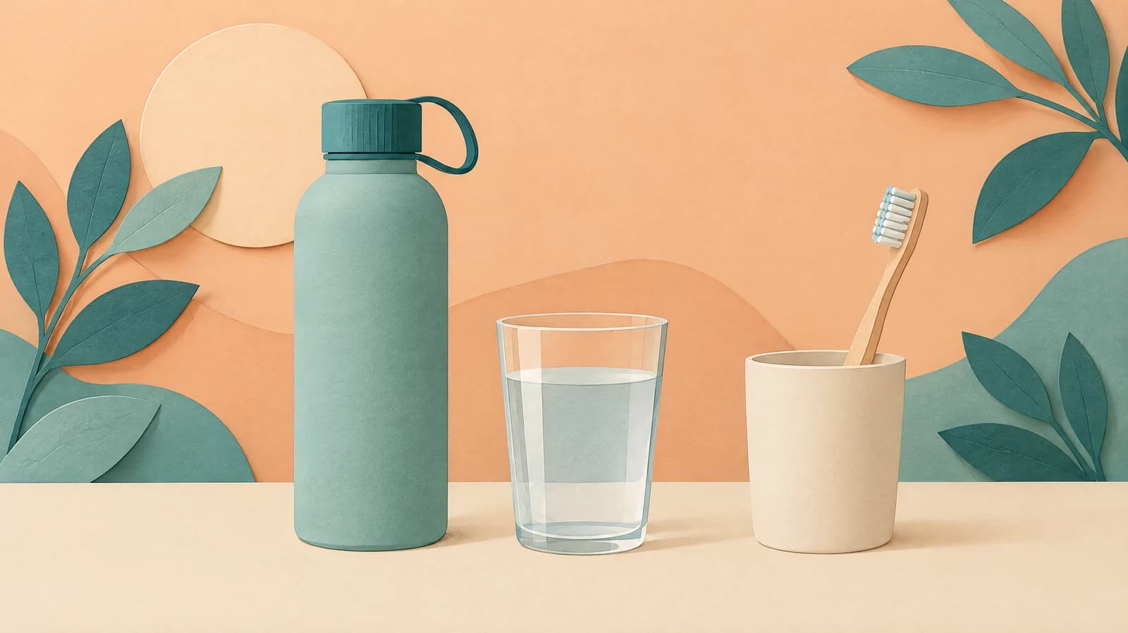 Illustration of a water bottle, glass of water and toothbrush.