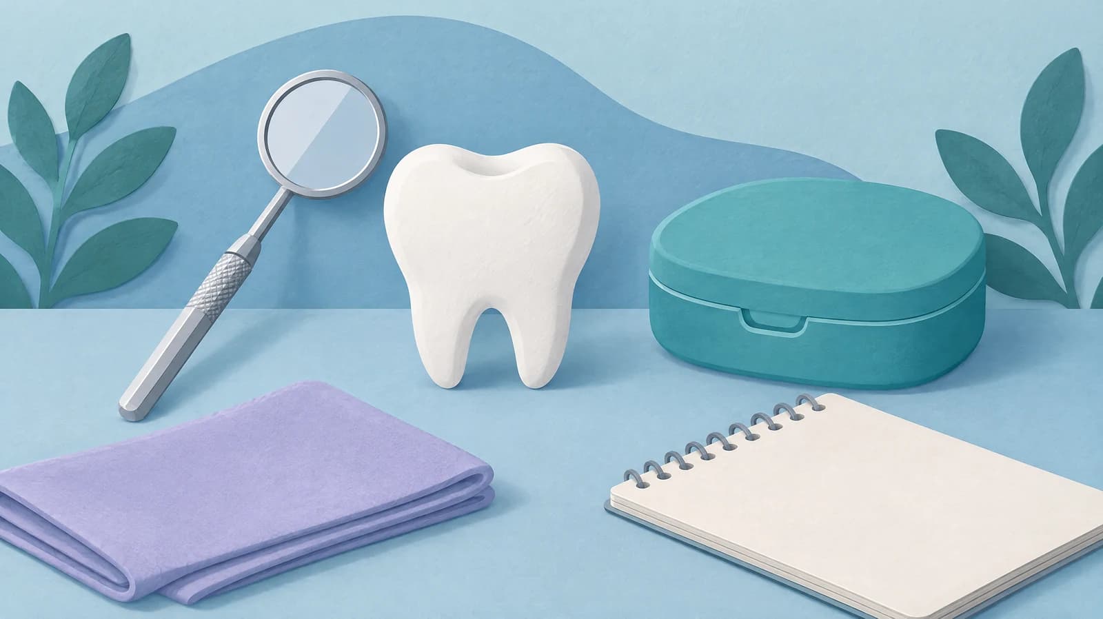 Illustration of a tooth model, dental mirror, closed teal case, folded cloth and blank notebook.